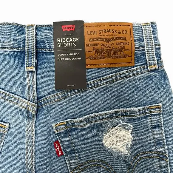 Levi's Ribcage Denim Cutoff Shorts 25 Tango Feels New NWT Distressed High Rise - Picture 4 of 7